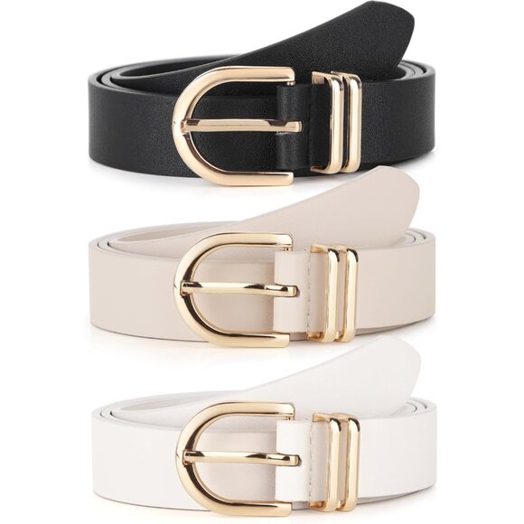 Pack 3 Women's Belts for Jeans Pants Gold Buckle Leather Belts Beige White - Picture 3 of 5